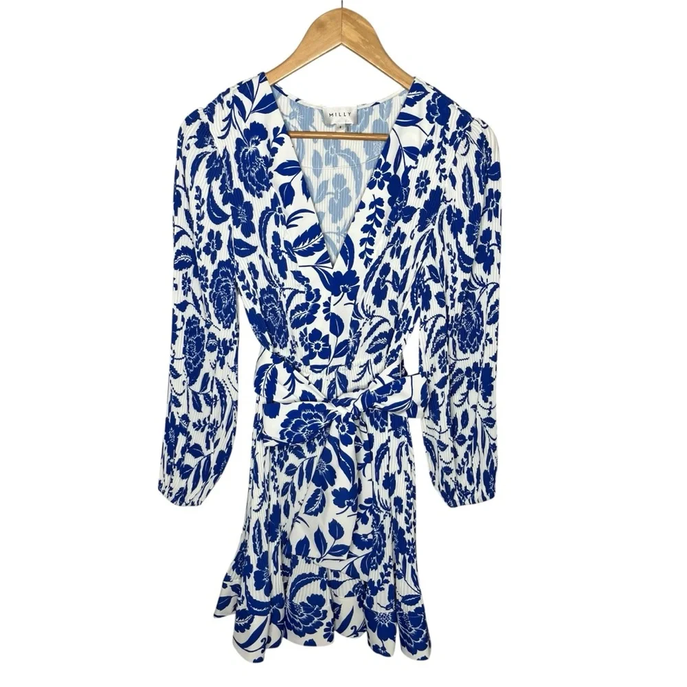 Milly Blue Liv Flowers of Spain Long Sleeve V Neck Pleated Mini Dress - Picture 6 of 13